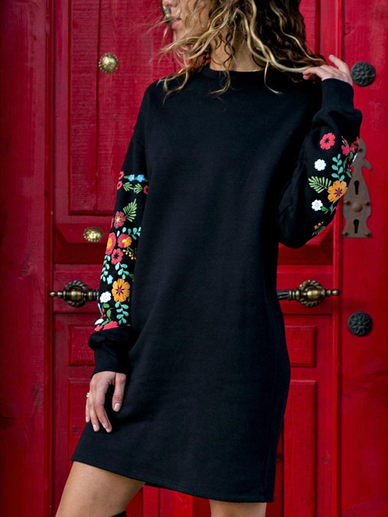 Random Floral Print Round Neck Long Sleeves Casual Dress