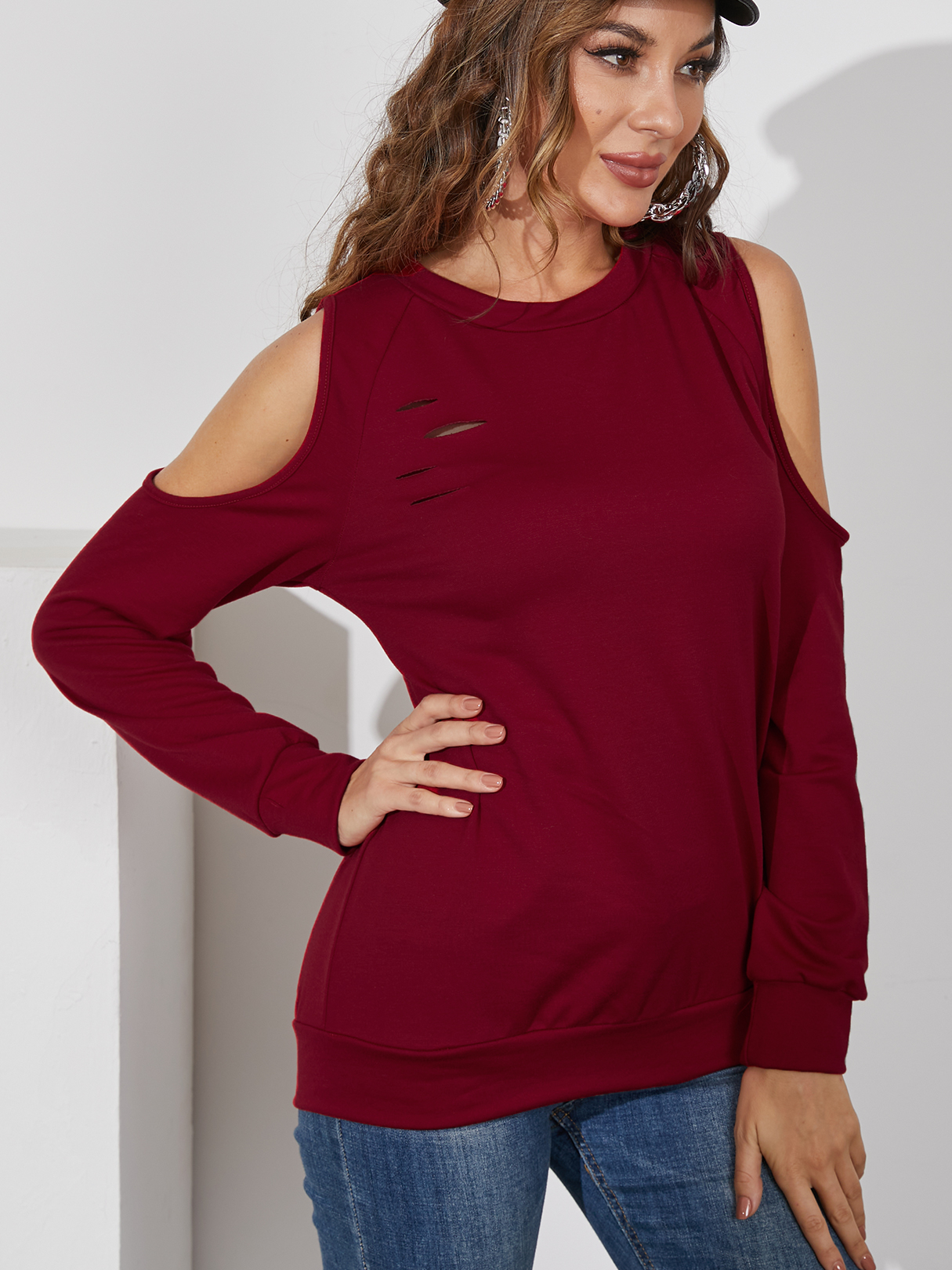 YOINS Ripped Cold Shoulder Long Sleeves Sweatshirt