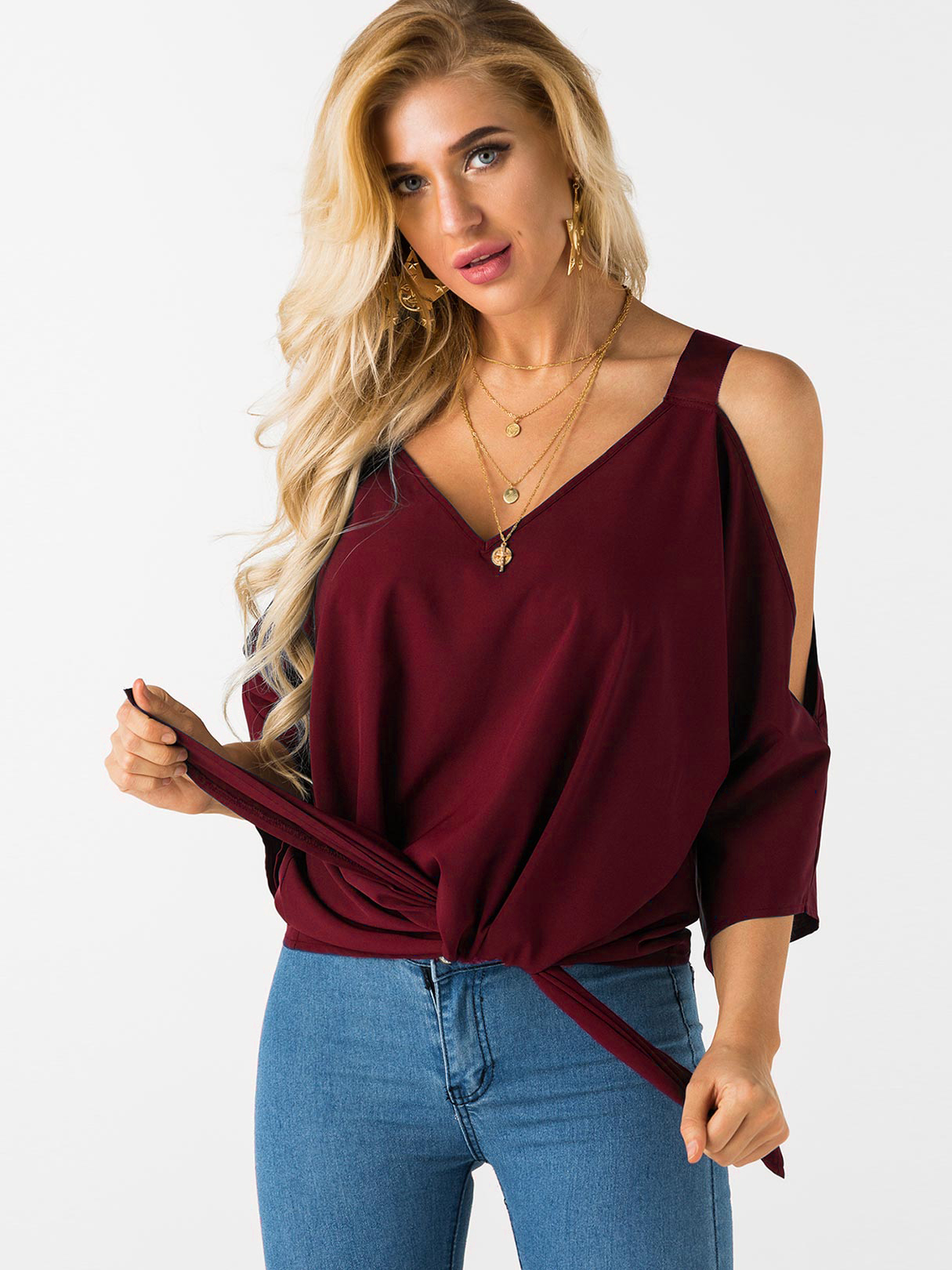 Burgundy Self-tie Design Cold Shoulder Bat Sleeves Top