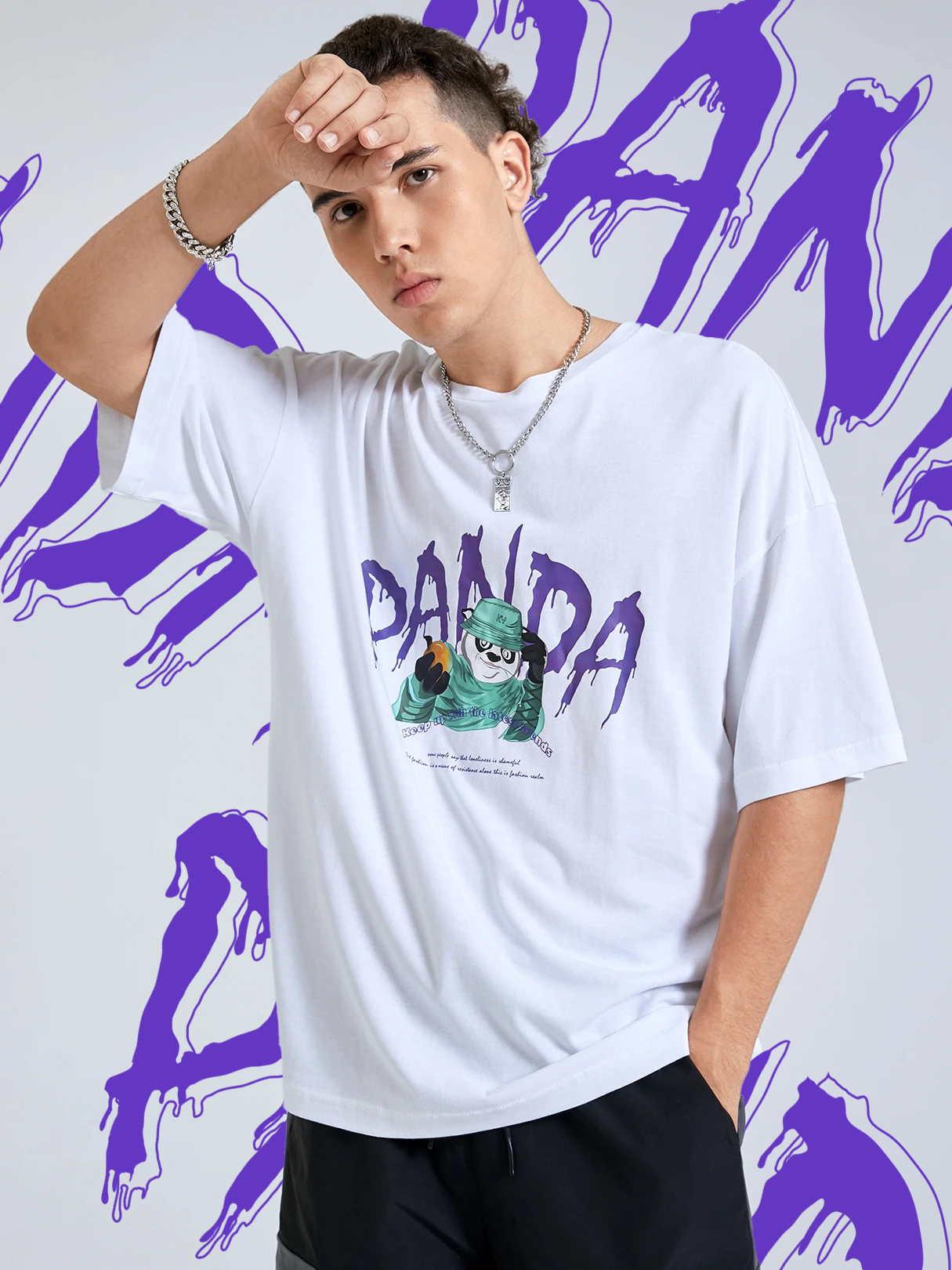 Men 100% Cotton Comfortable Panda And Letter Graphic T-Shirt