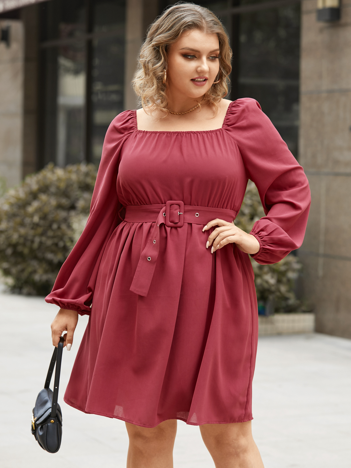 YOINS Plus Size Square Neck Elastic Strap Belt Design Long Sleeves Mini Dress