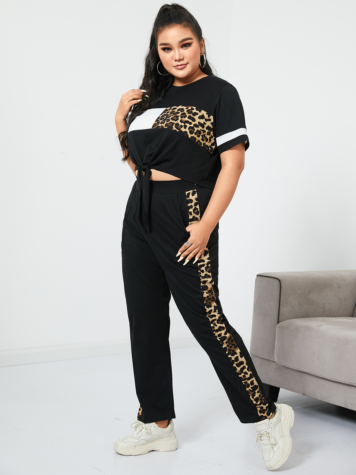 YOINS Plus Size Side Pockets Short Sleeves Two Piece Outfit