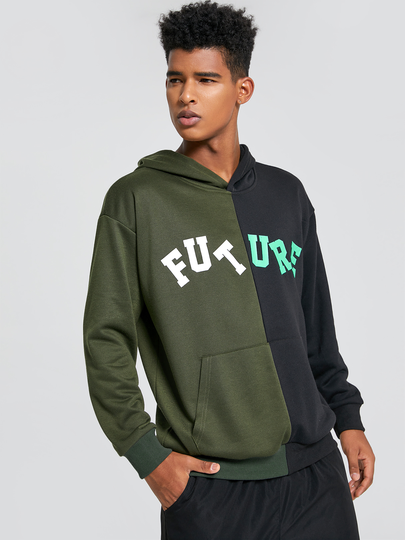 Men Hooded Letter Color Block Patchwork Pocket Hoodie