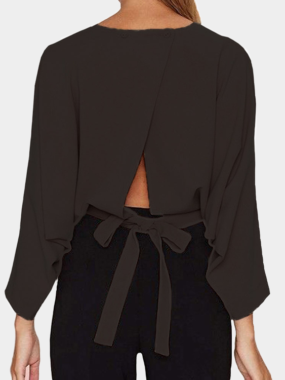 Black Crew Neck Bat Sleeves Slit Back Blouse