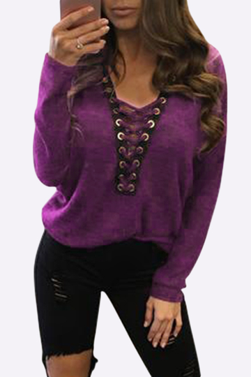 Sexy Deep V-neck Lace-up Front Casual T-shirts in Fuchsia