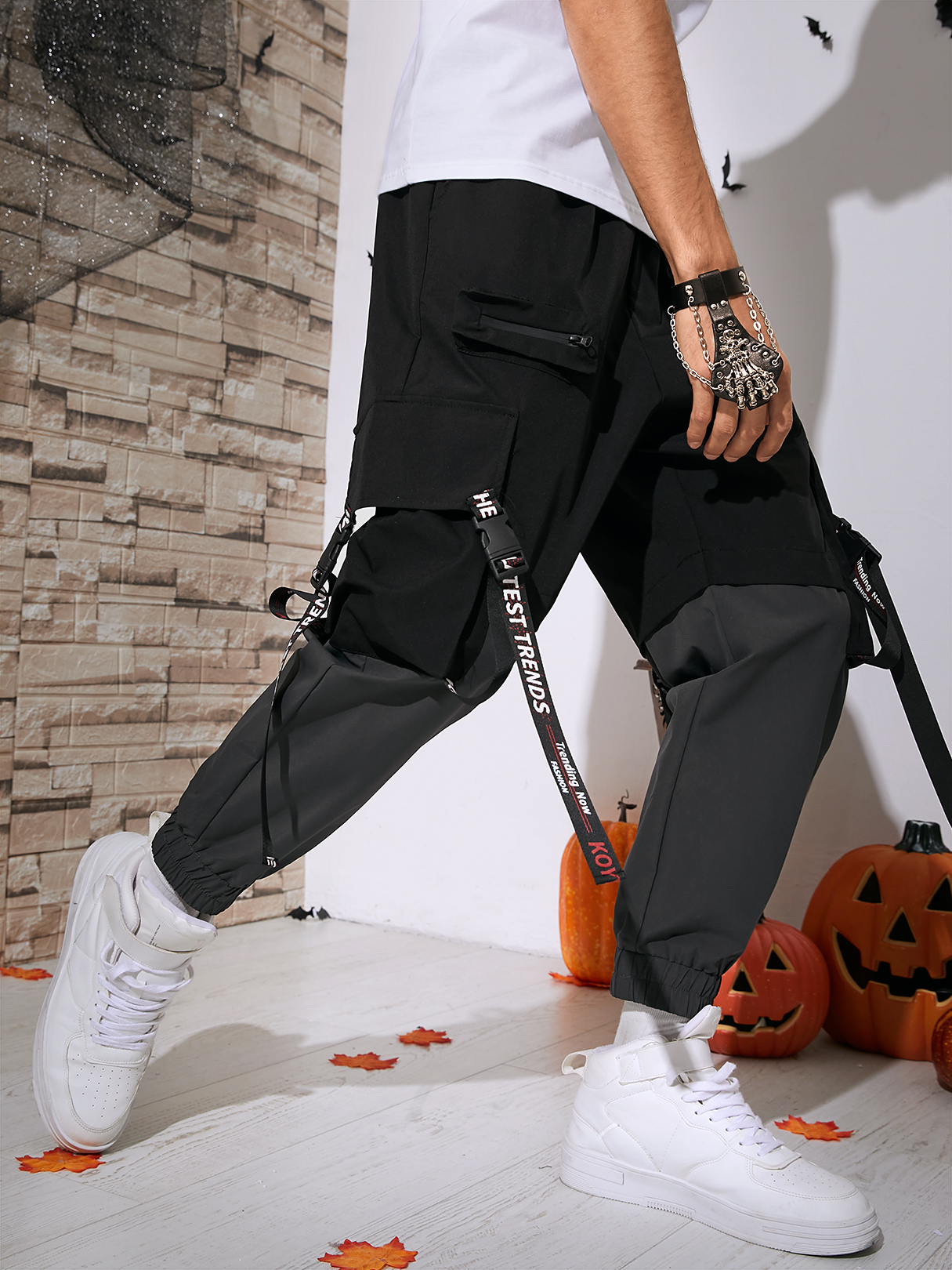Men Color Block Patchwork Ribbon Design Cargo Pants