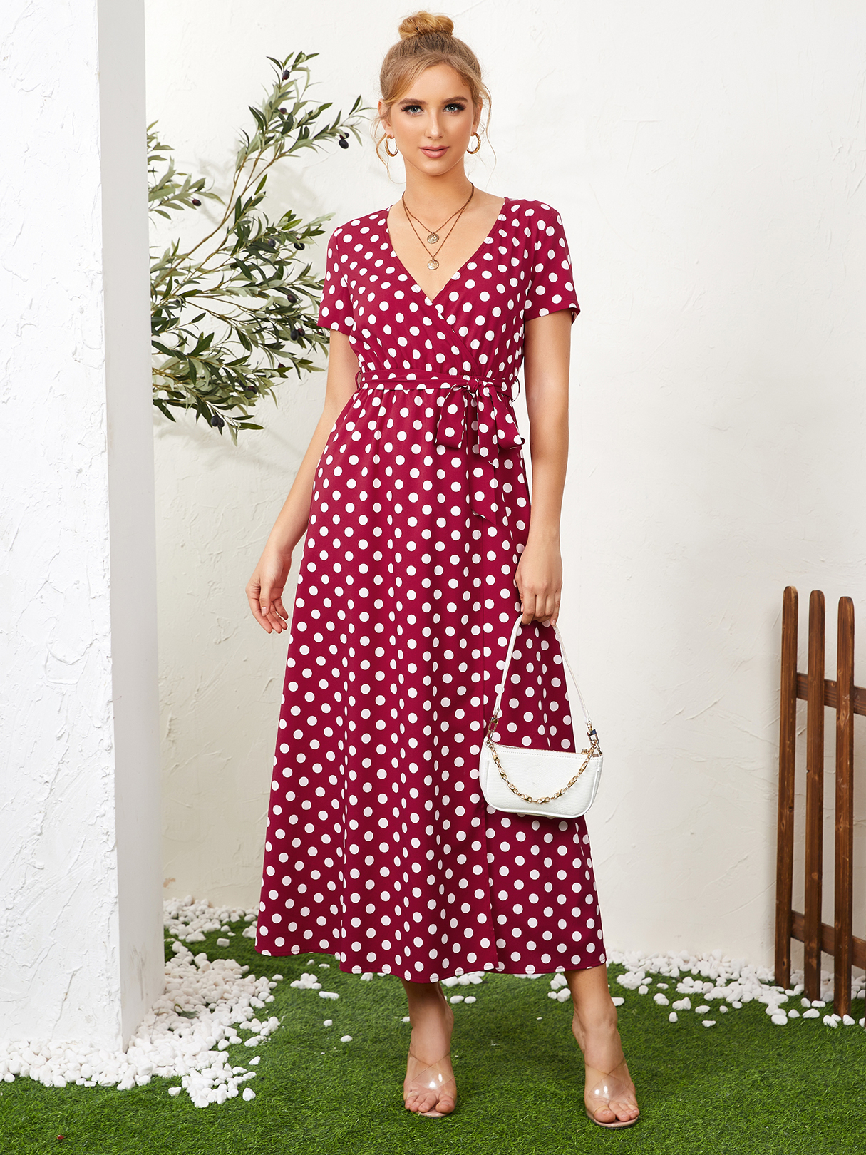 YOINS Polka Dot Wrap Design Slit Hem Maxi Dress