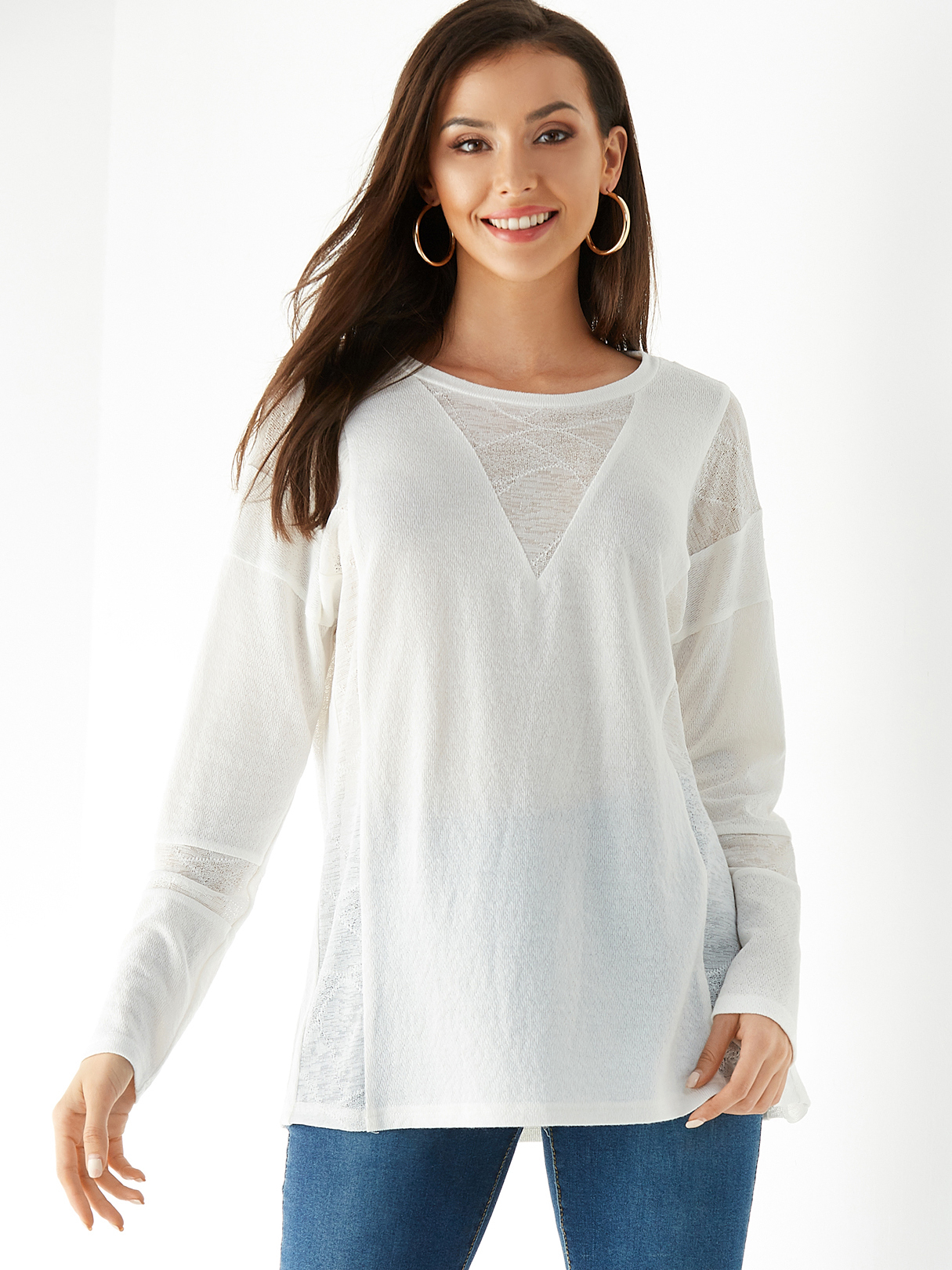 YOINS White Round Neck Patch Long Sleeves Tee
