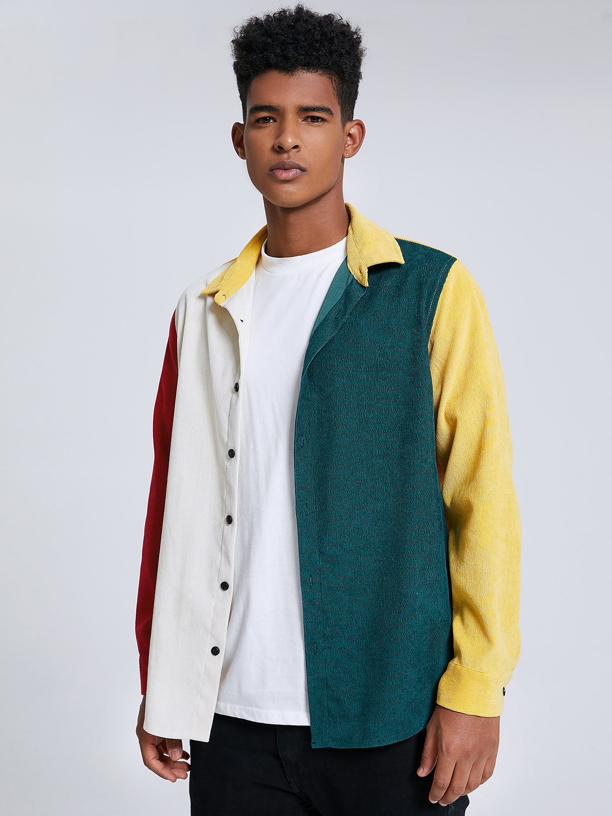 Men Casual Corduroy Color Block Patchwork Long Sleeve Shirt