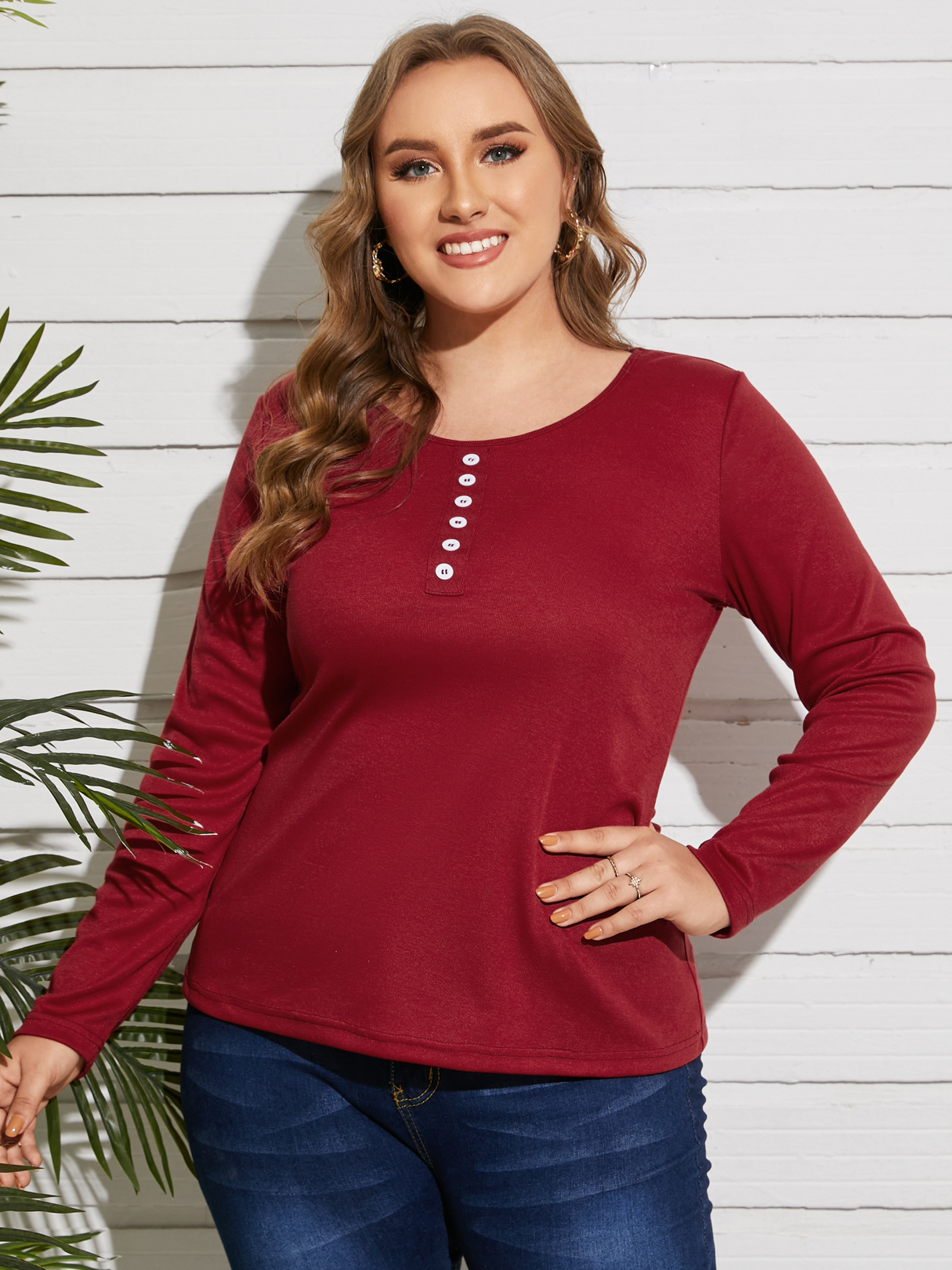 YOINS Plus Size Round Neck Button Design Long Sleeves Tee