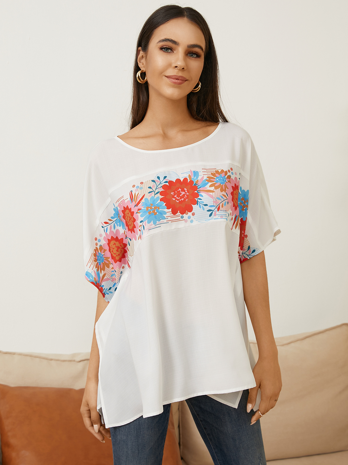 YOINS Floral Print Round Neck Dolman Sleeves Blouse