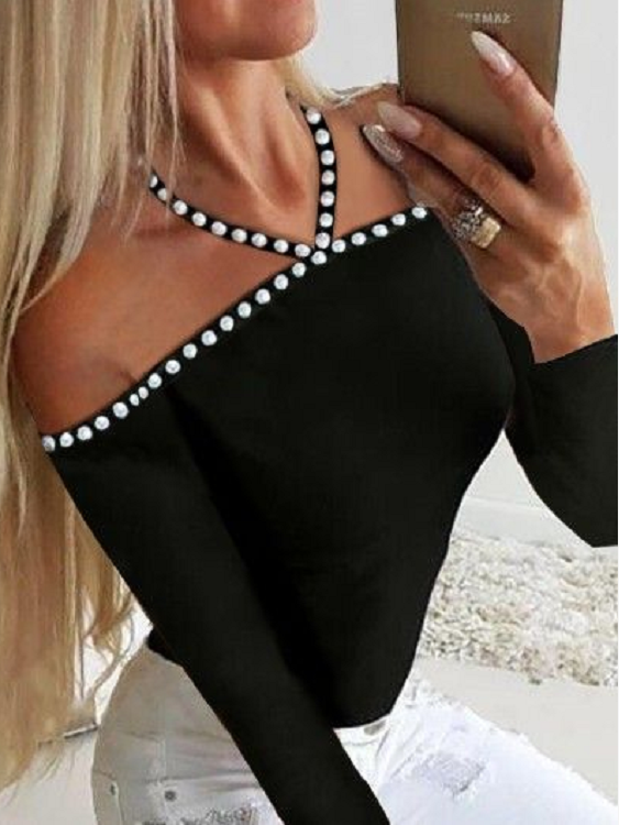 Sexy Beaded Decor Halter Long Sleeves Tee