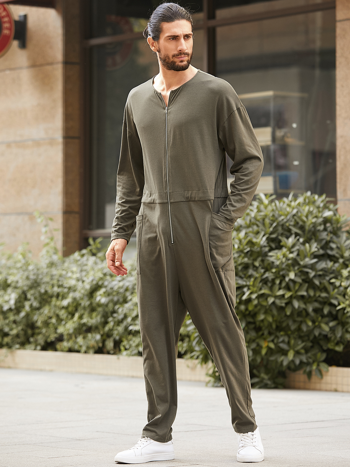 Men Retro Zip Front Side Pocket Long Sleeve Overalls Jumpsuits