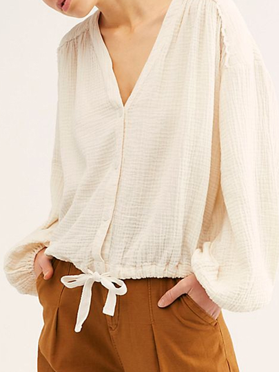 YOINS Beige Button Design V-neck Long Sleeves Blouse