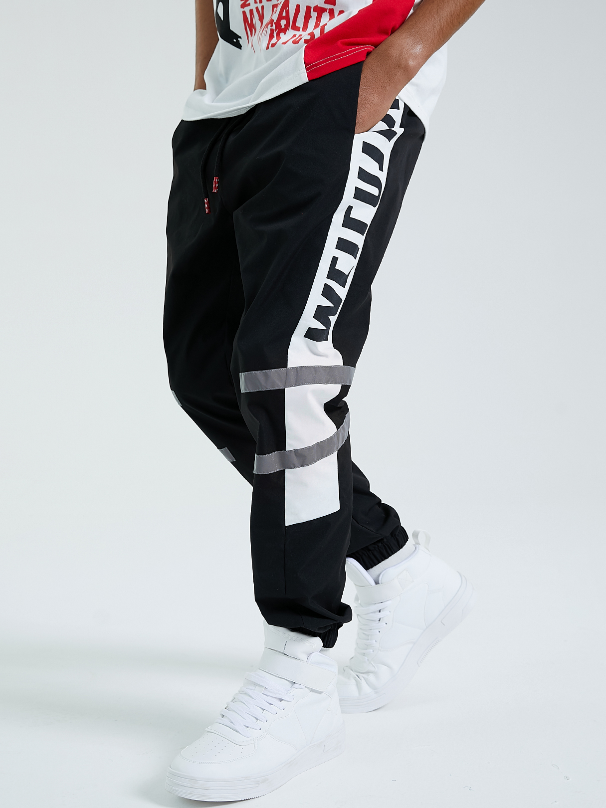 KOYYE Men Fashion Letter Color Block Drawstring Elastic Waist Casual Pants