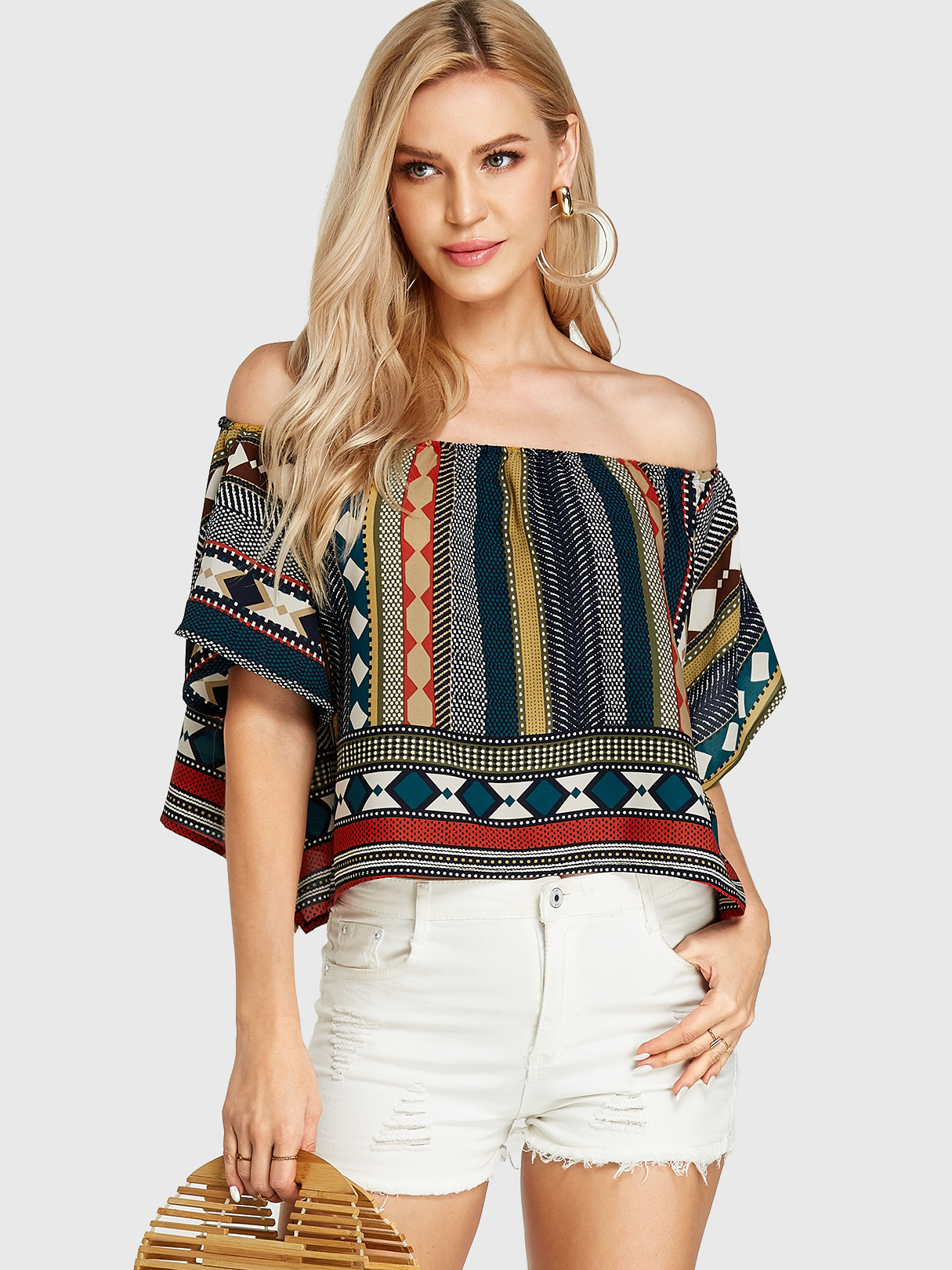YOINS Multi Colors Tribal Print Off The Shoulder Blouse