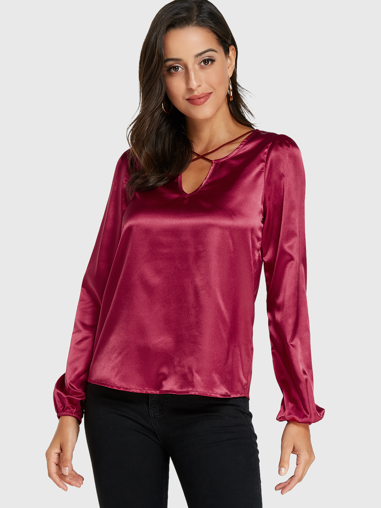 YOINS Burgundy Criss-cross V-neck Long Sleeves Blouse