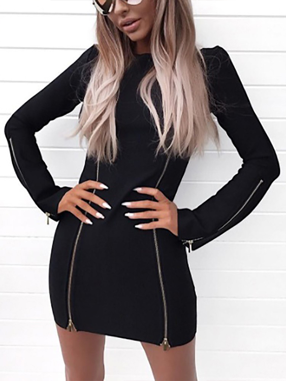Black Zip Front Crew Neck Long Sleeves Dress