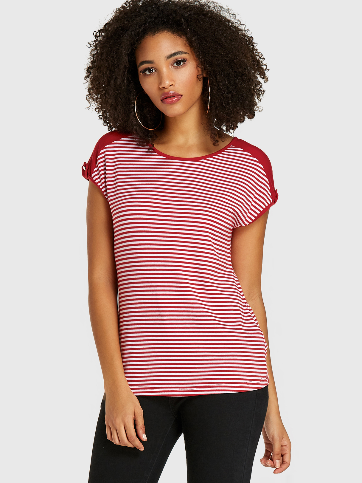 Red Stripe Round Neck Short Sleeves Tee