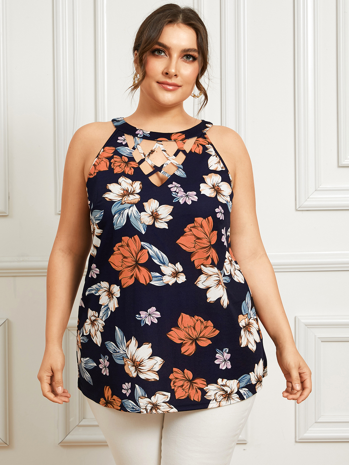 YOINS Plus Size Floral Print Criss-Cross Sleeveless Cami