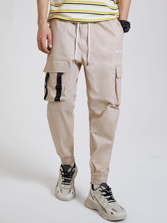 KOYYE Men 100% Cotton Fashion Plain Multi-pockets Drawstring Waist Cargo Pants
