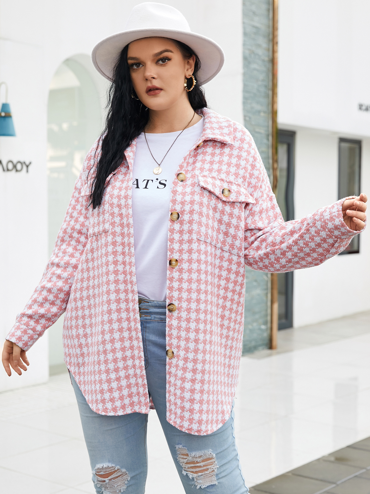 YOINS Plus Size Lapel Collar Plaid Front Button Pocket Long Sleeves Coat