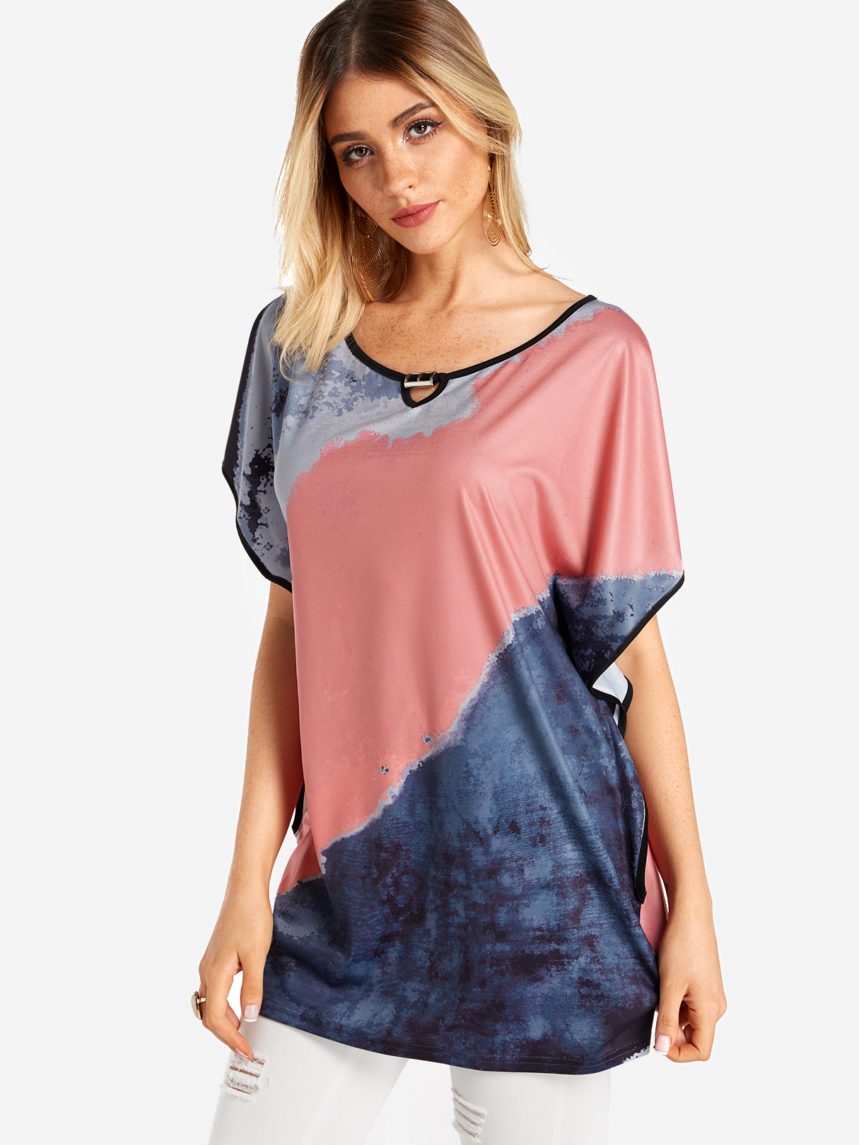 Color Block Round Neck Bat Sleeves T-shirt
