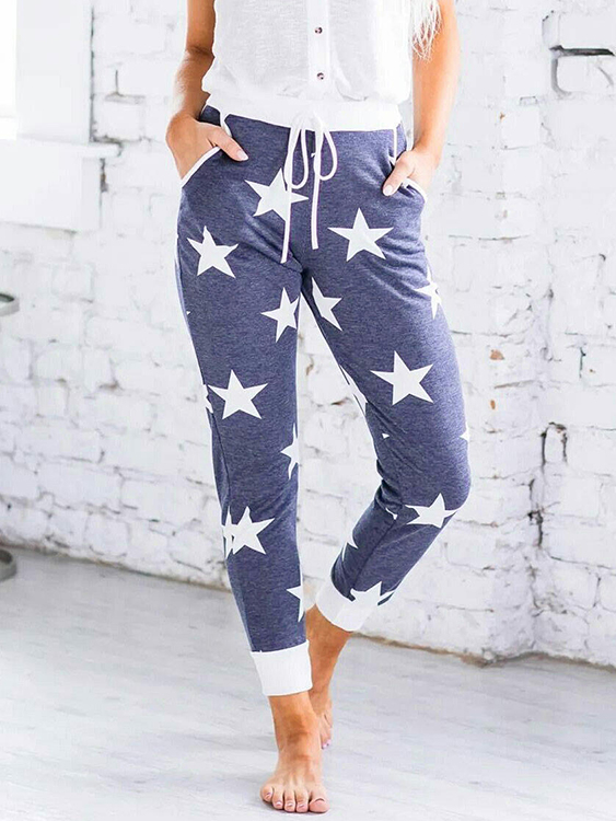 Star Print Side Pockets Drawstring Waist Pants