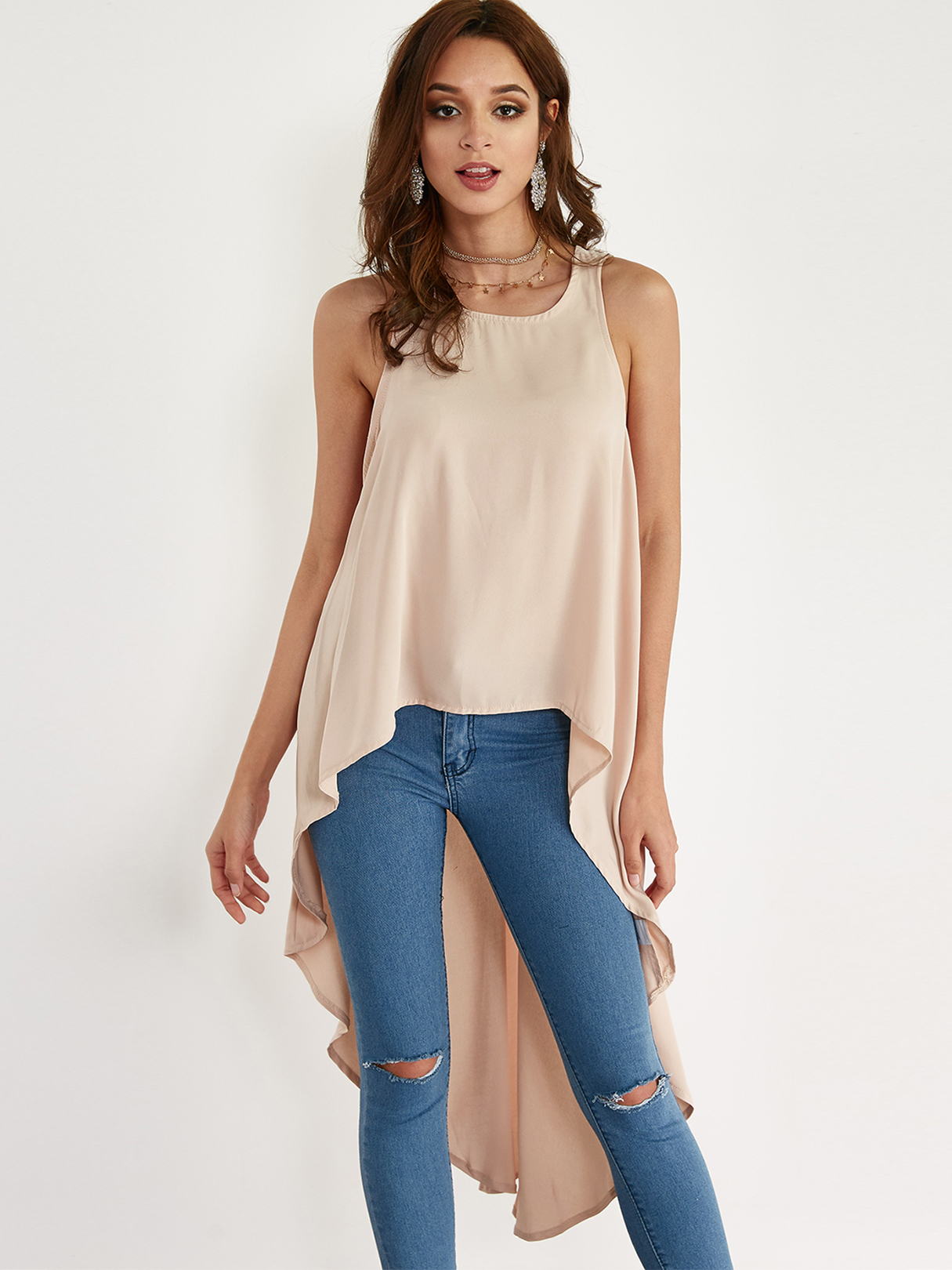 Khaki Round Neck Irregular Hem Design Top