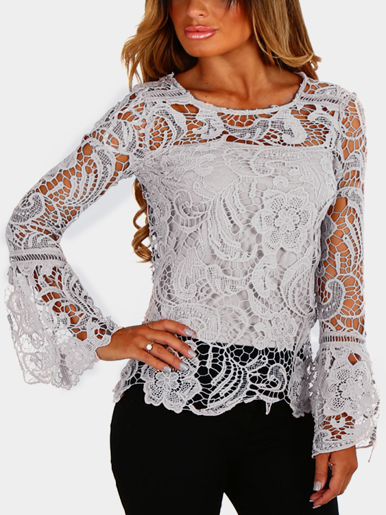 Grey See-through Lace Details Round Neck Long Sleeves Sexy Top