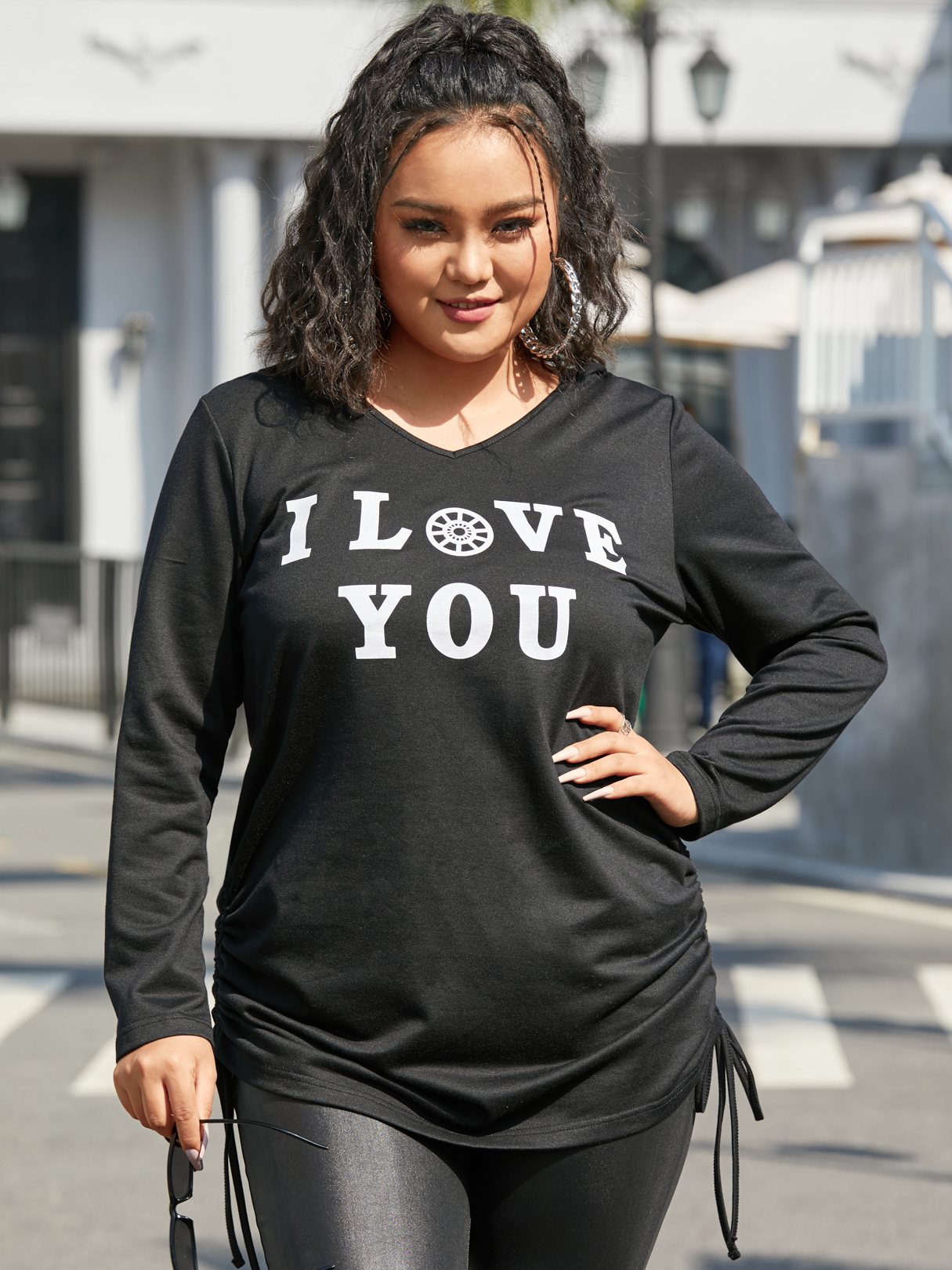 YOINS Plus Size V-neck Letter Drawstring Hooded Design Long Sleeves Sweatshirt