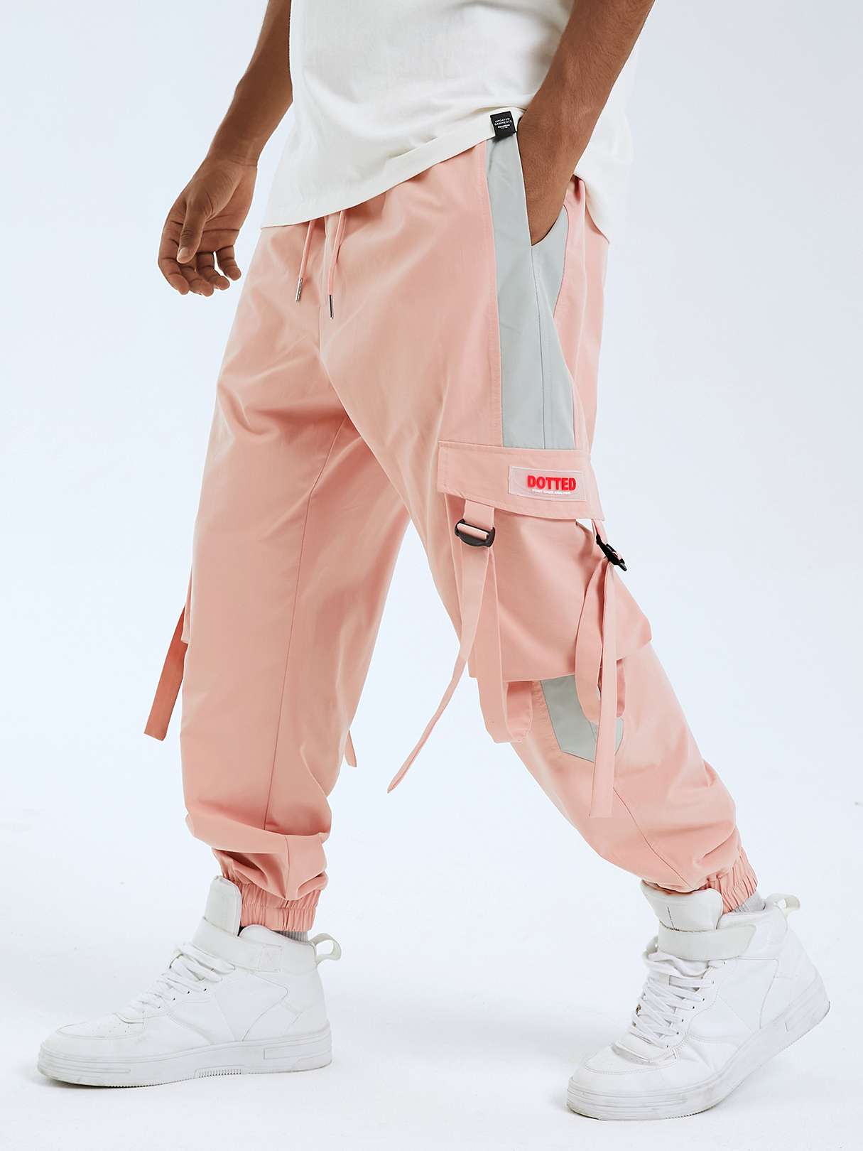 Men Color Block Patchwork Ribbon Design Drawstring Cargo Pants