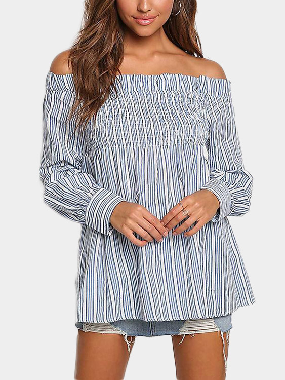 Blue Stripe Off Shoulder Long Sleeves Top