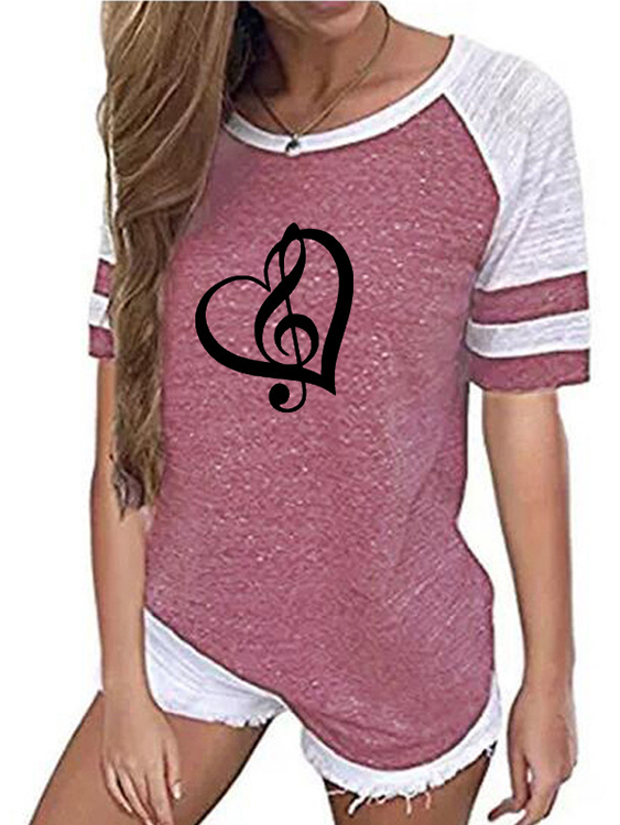 Heart Graphic Print Patchwork Round Neck Raglan Sleeves Tee