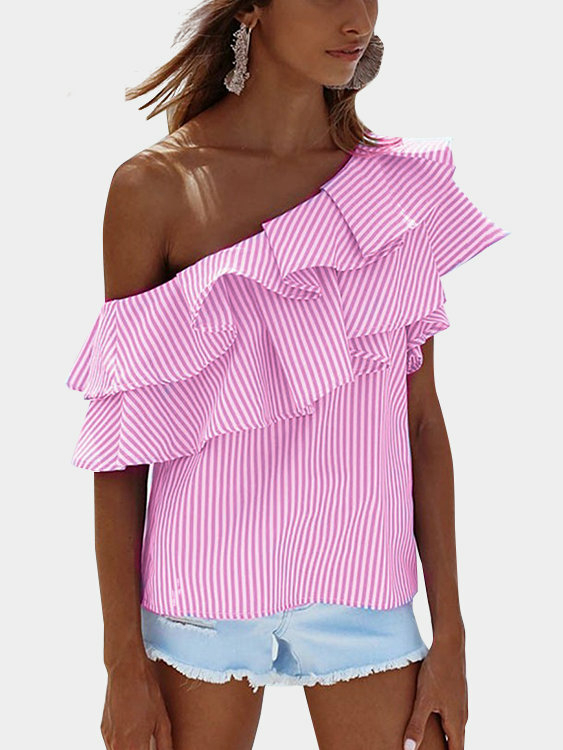 Pink Sexy Stripe Pattern One Shoulder Flouncy Details Top