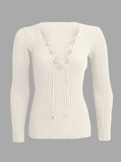 Beige Plunge Lace-up Knit Sweater with Long Sleeves