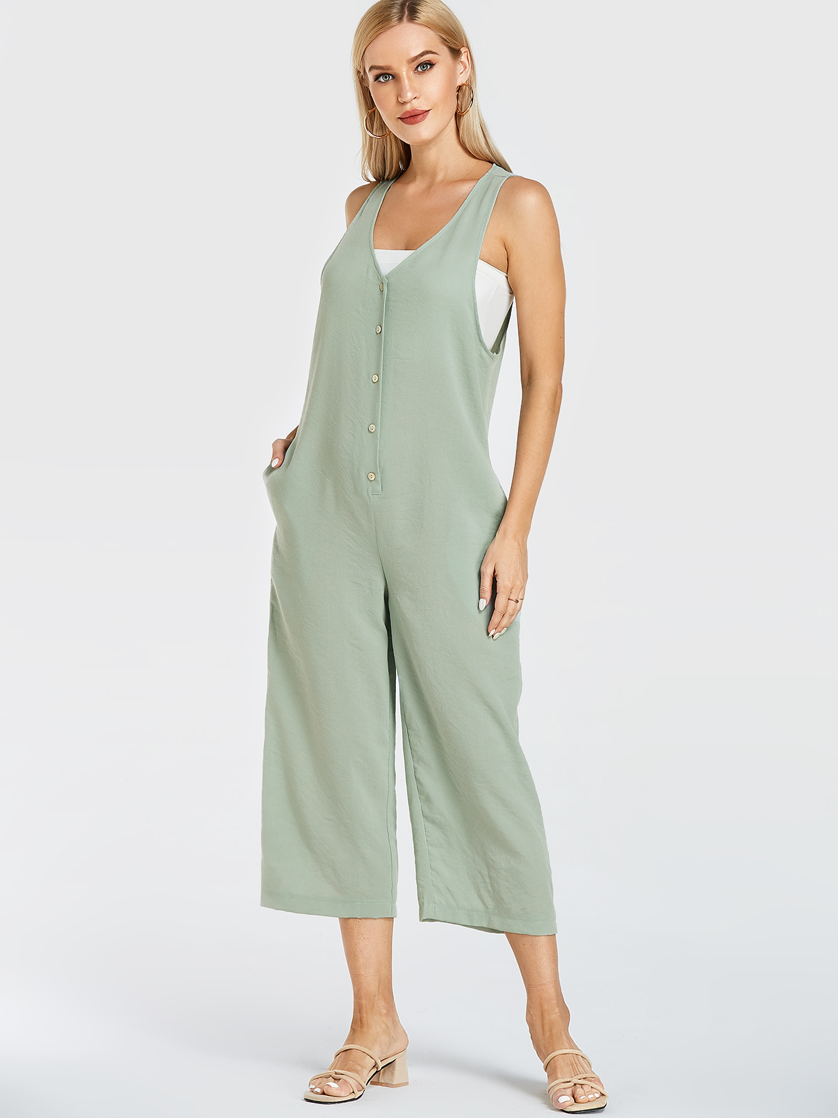 YOINS Mint Green V-neck Front Button Wide Leg Jumpsuit