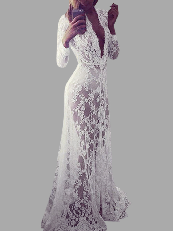 White Lace Deep V Neck Long Sleeves Dresses
