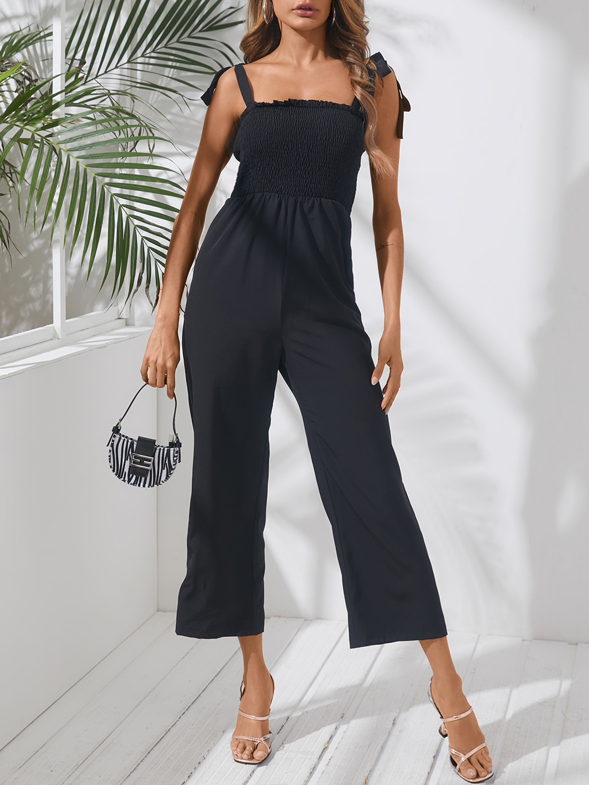 Yoins Black Shirring design Tube Jumpsuits