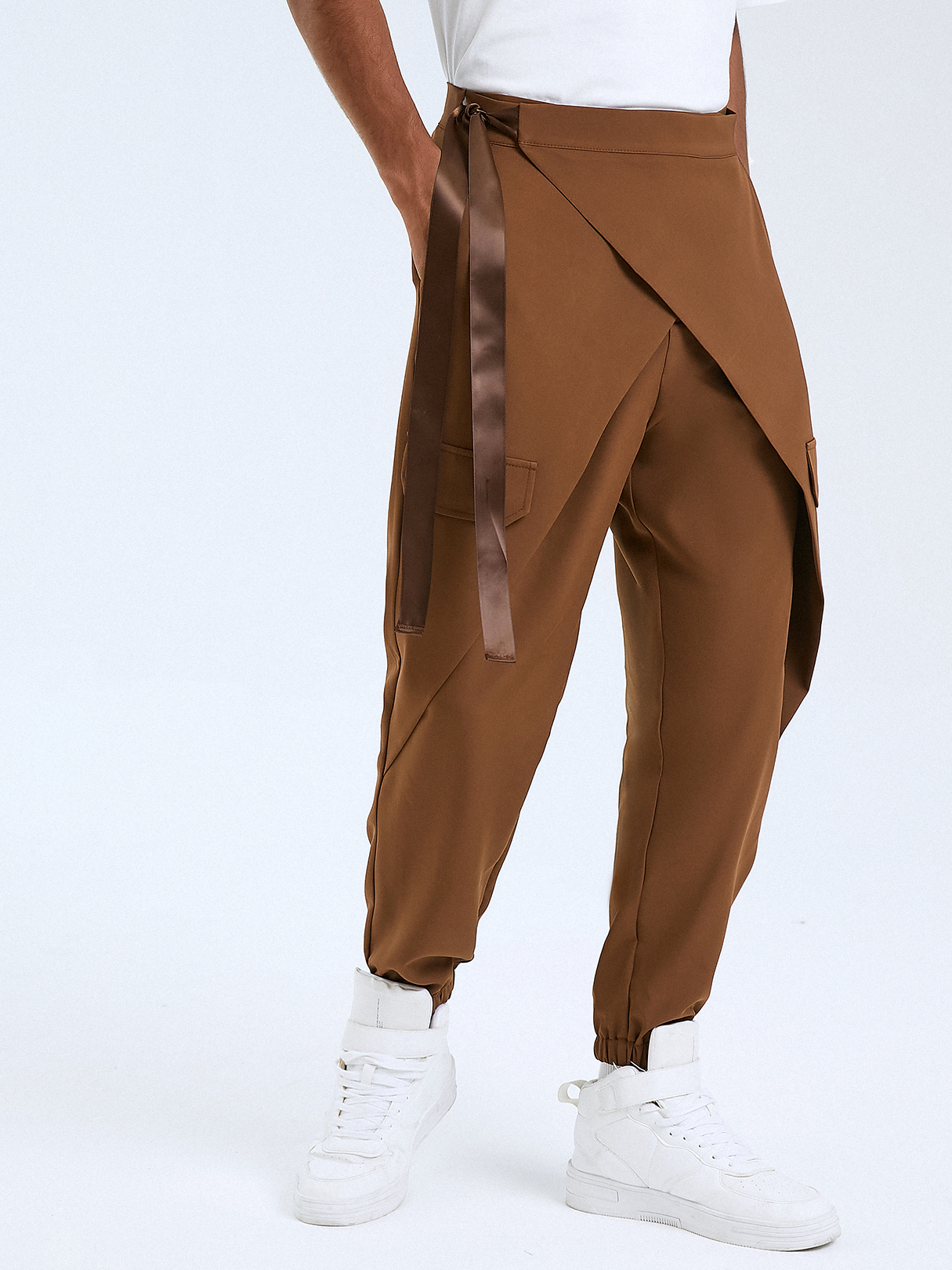 Men Fashion Knotted Design Zip Front High Waist Casual Pants