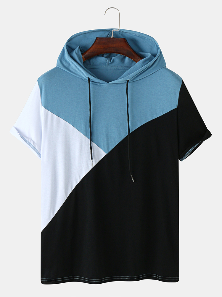 Newchic Men Multicolor Hooded Color Block Patchwork Drawstring T-Shirt