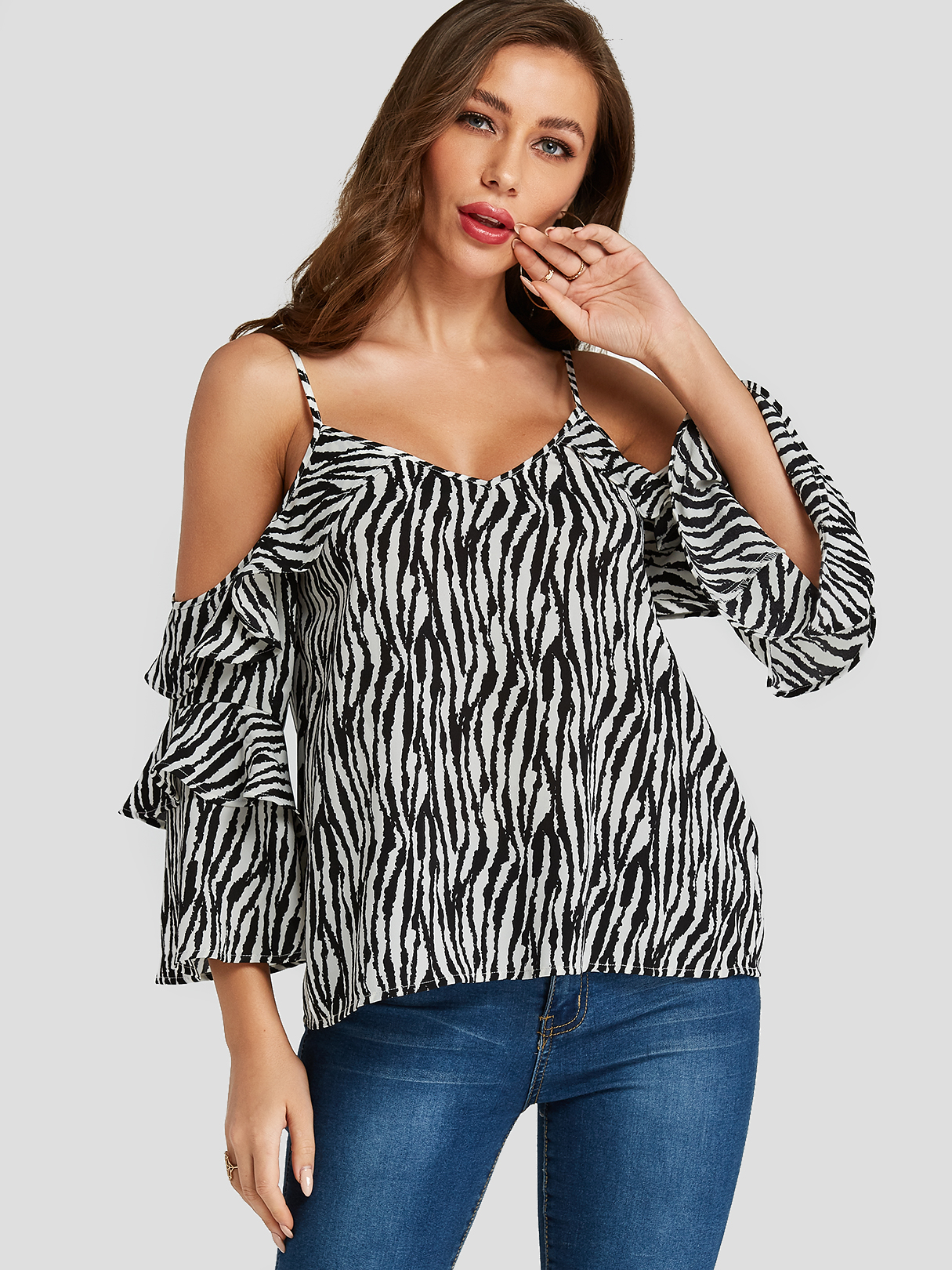 YOINS Animal Zebra Print Spaghetti Strap V-neck Cold Shoulder Tee