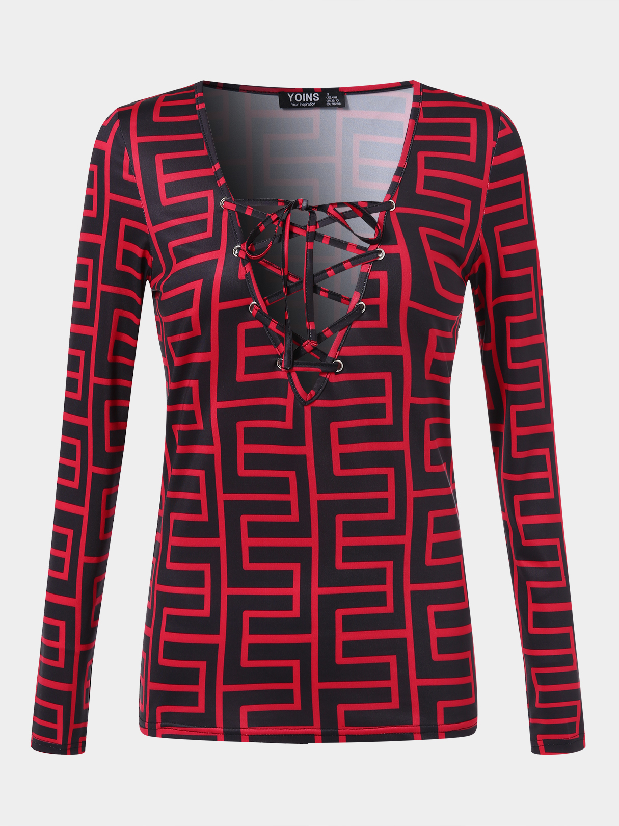 Geometric Pattern Criss-cross Deep V Neck Long Sleeves Tee