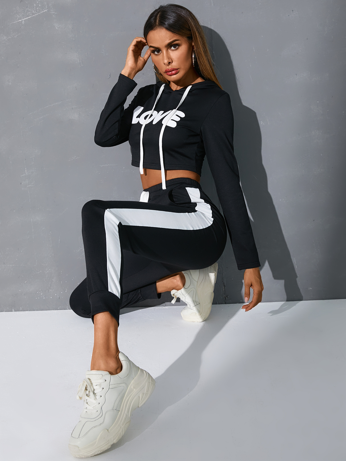 YOINS Black Letter Hooded Design Long sleeves Tracksuit