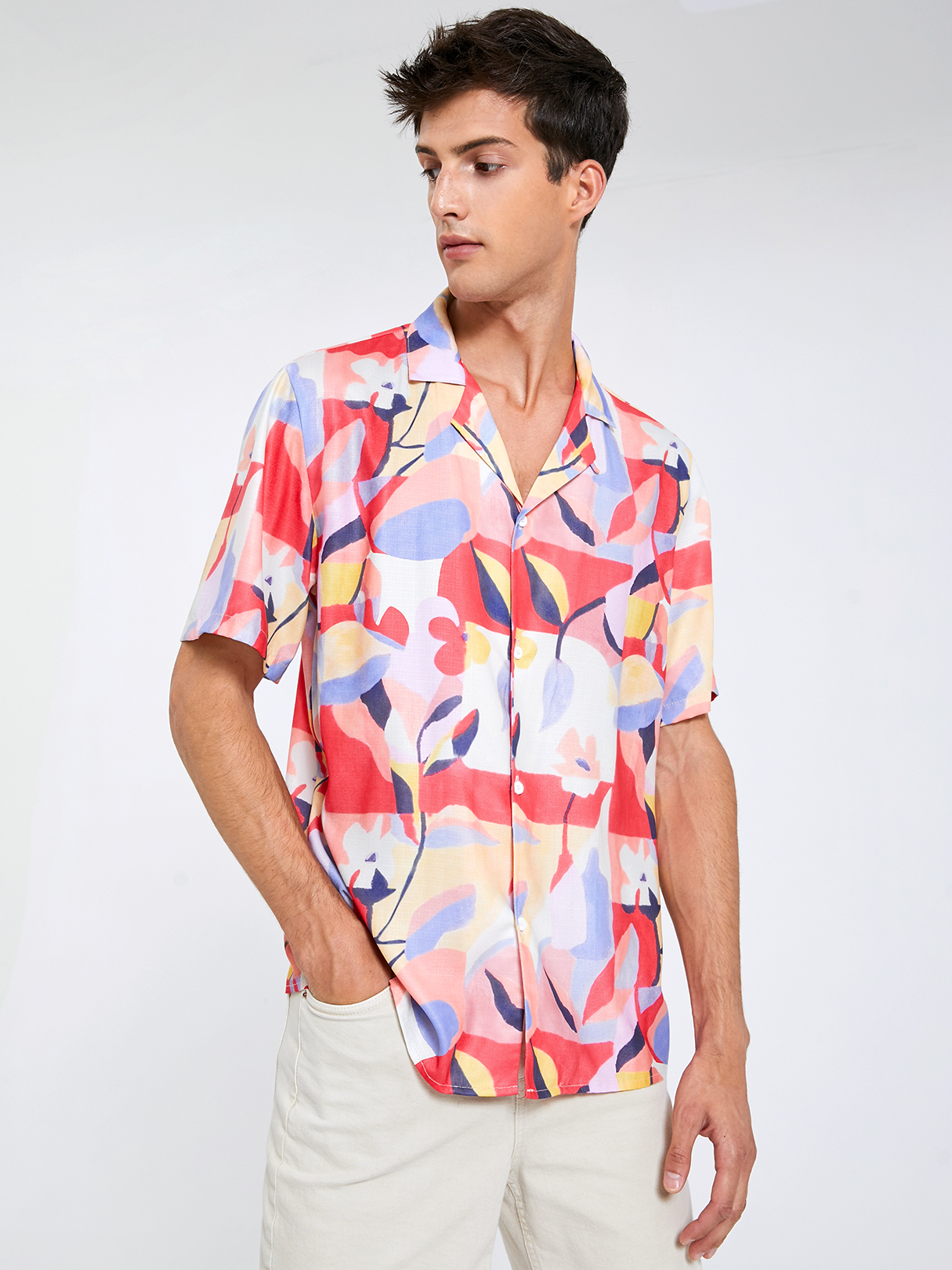 Men Color Block And Plants Print Shirt