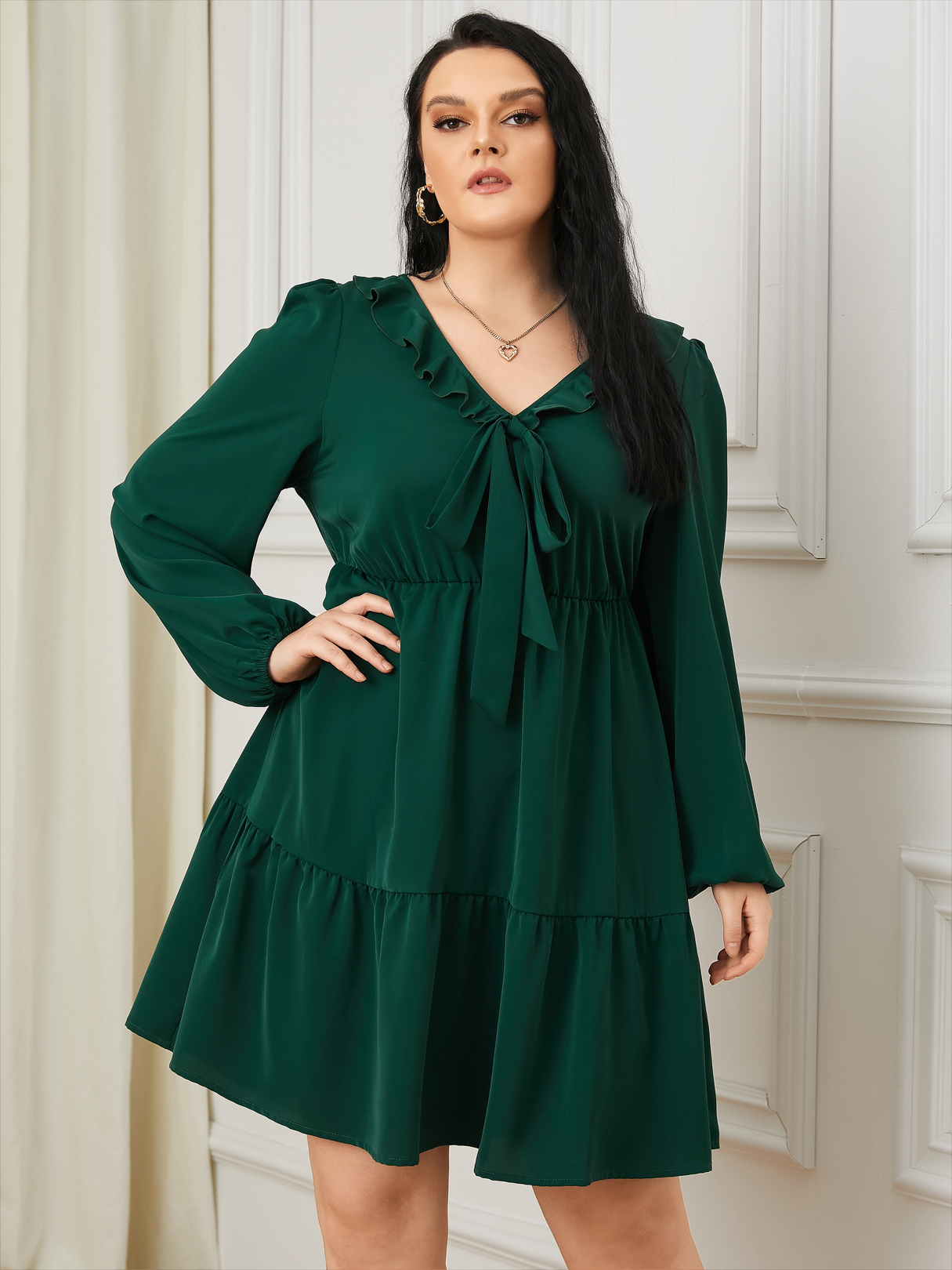 YOINS Plus Size V-neck Elastic Waist Knotted Long Sleeves Dress