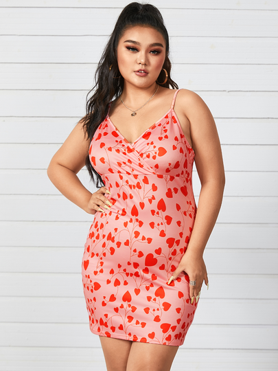 YOINS Plus Size Deep V Neck Heart Print Backless Design Sleeveless Dress