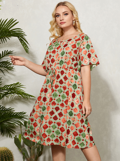 YOINS Plus Size Color Block Tie-up Design Short Sleeves Dress