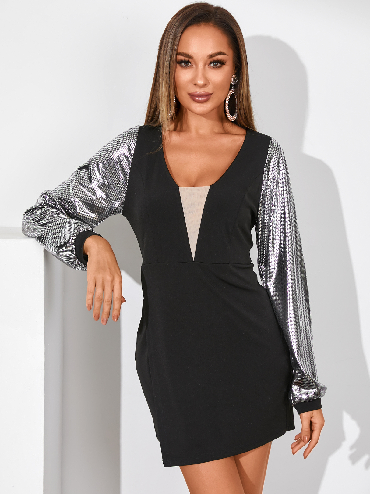 YOINS Mesh Patchwork Metallic V-neck Long Sleeves Dress