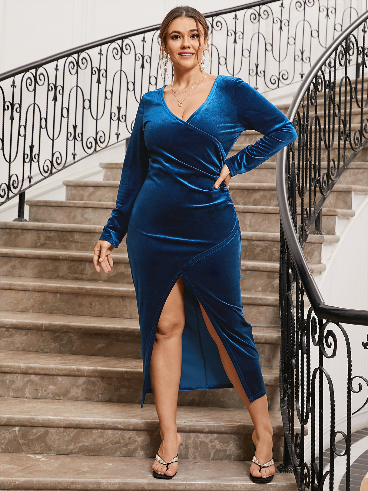 YOINS Plus Size V-neck Slit Design Crossed Front Design Long Sleeves Dress